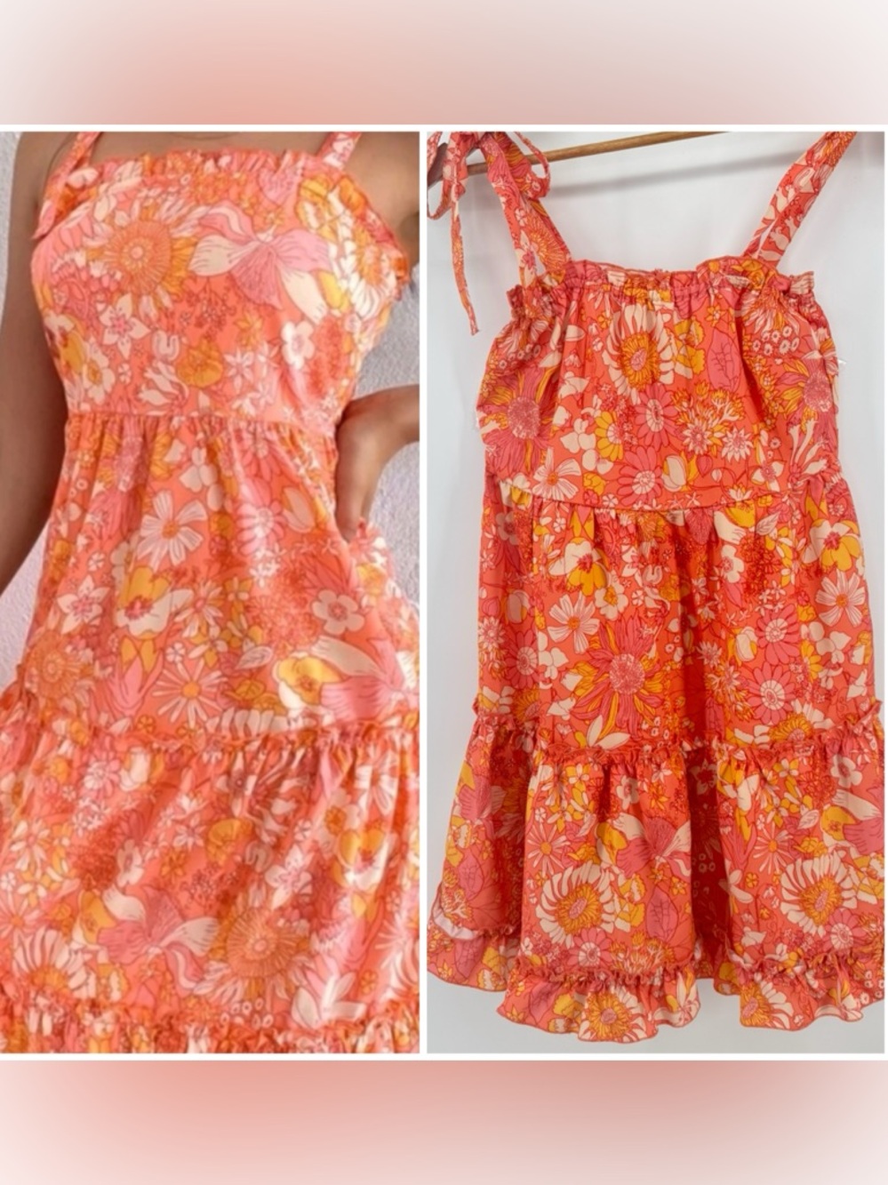 Boho Bright Floral Tie-Shoulder Sundress Coral Pink Women's Size Med Festival - Picture 1 of 6